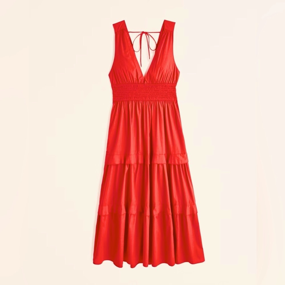 NWT Abercrombie Coral Smocked Waist Tiered Midi Dress with pockets